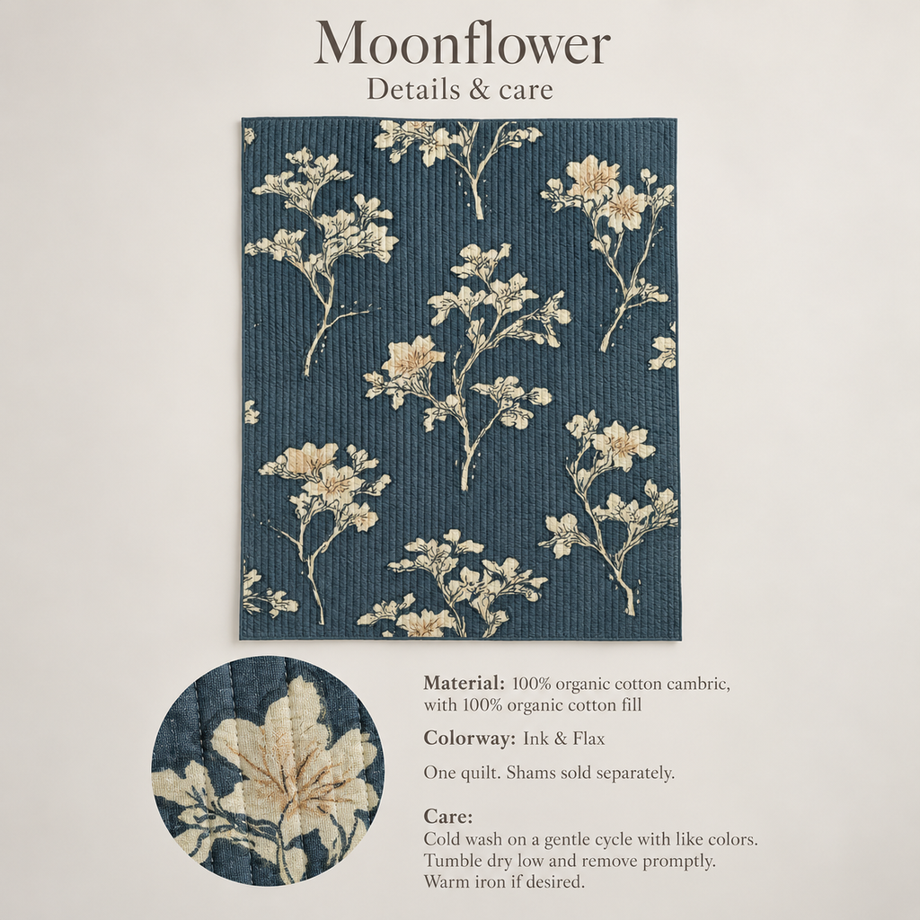 Moonflower Floral Organic Cotton Quilt — Ink & Flax; verified details and care guide.