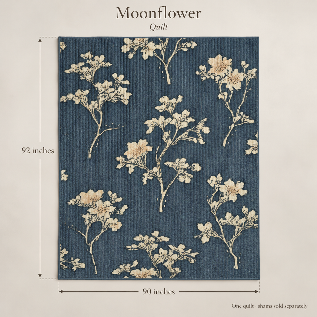 Moonflower Floral Organic Cotton Quilt — Ink & Flax; dimension diagram and inclusions.