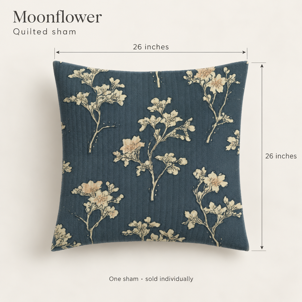 Moonflower Floral Organic Cotton Euro Sham — Ink & Flax; dimension diagram and inclusions.