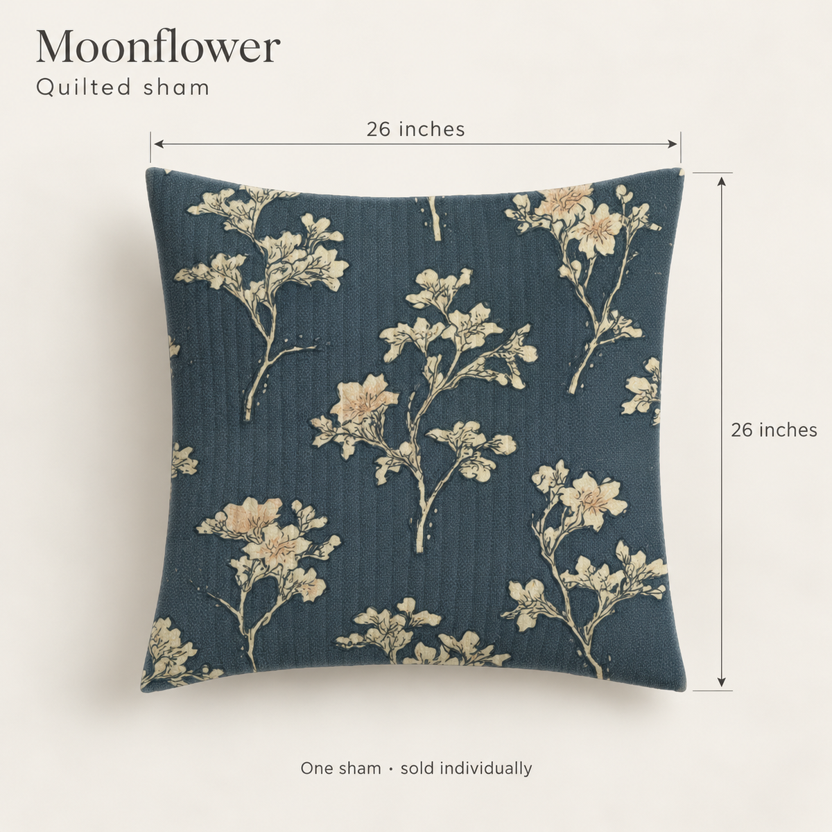 Moonflower Floral Organic Cotton Euro Sham — Ink & Flax; dimension diagram and inclusions.