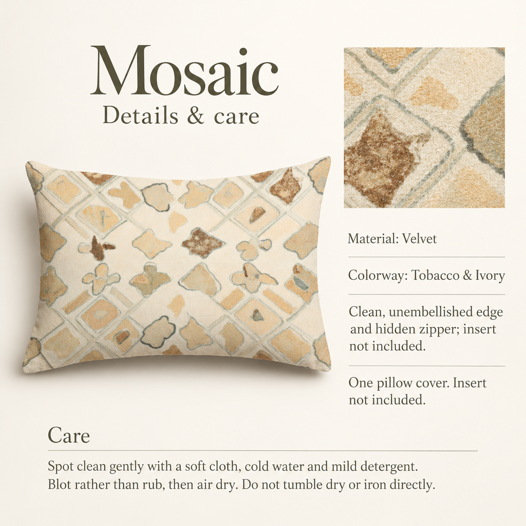 Mosaic Geometric Velvet Lumbar Pillow Cover — Tobacco & Ivory; verified details and care guide.