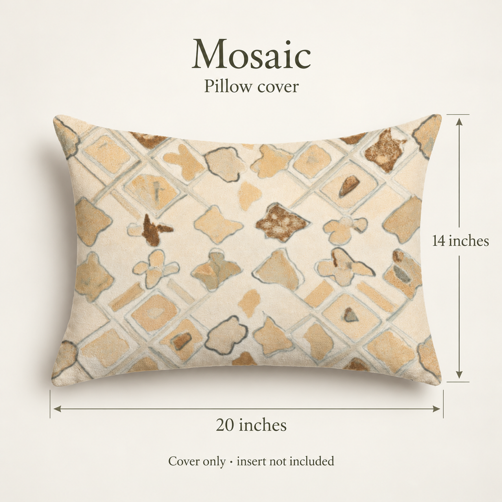 Mosaic Geometric Velvet Lumbar Pillow Cover — Tobacco & Ivory; dimension diagram and inclusions.