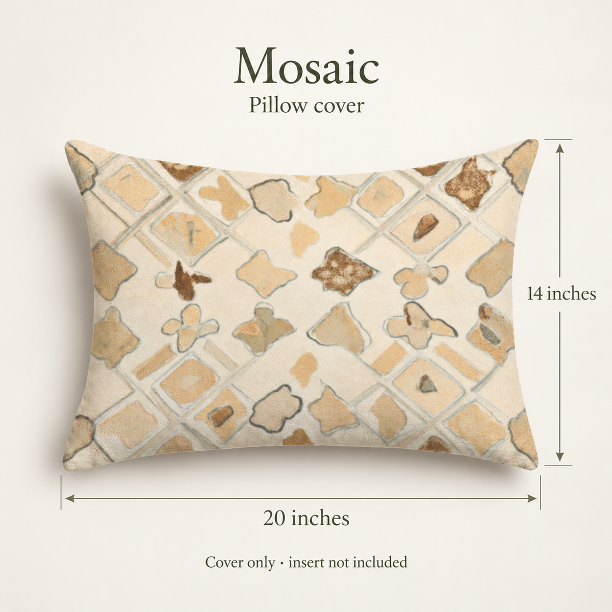 Mosaic Geometric Velvet Lumbar Pillow Cover — Tobacco & Ivory; dimension diagram and inclusions.