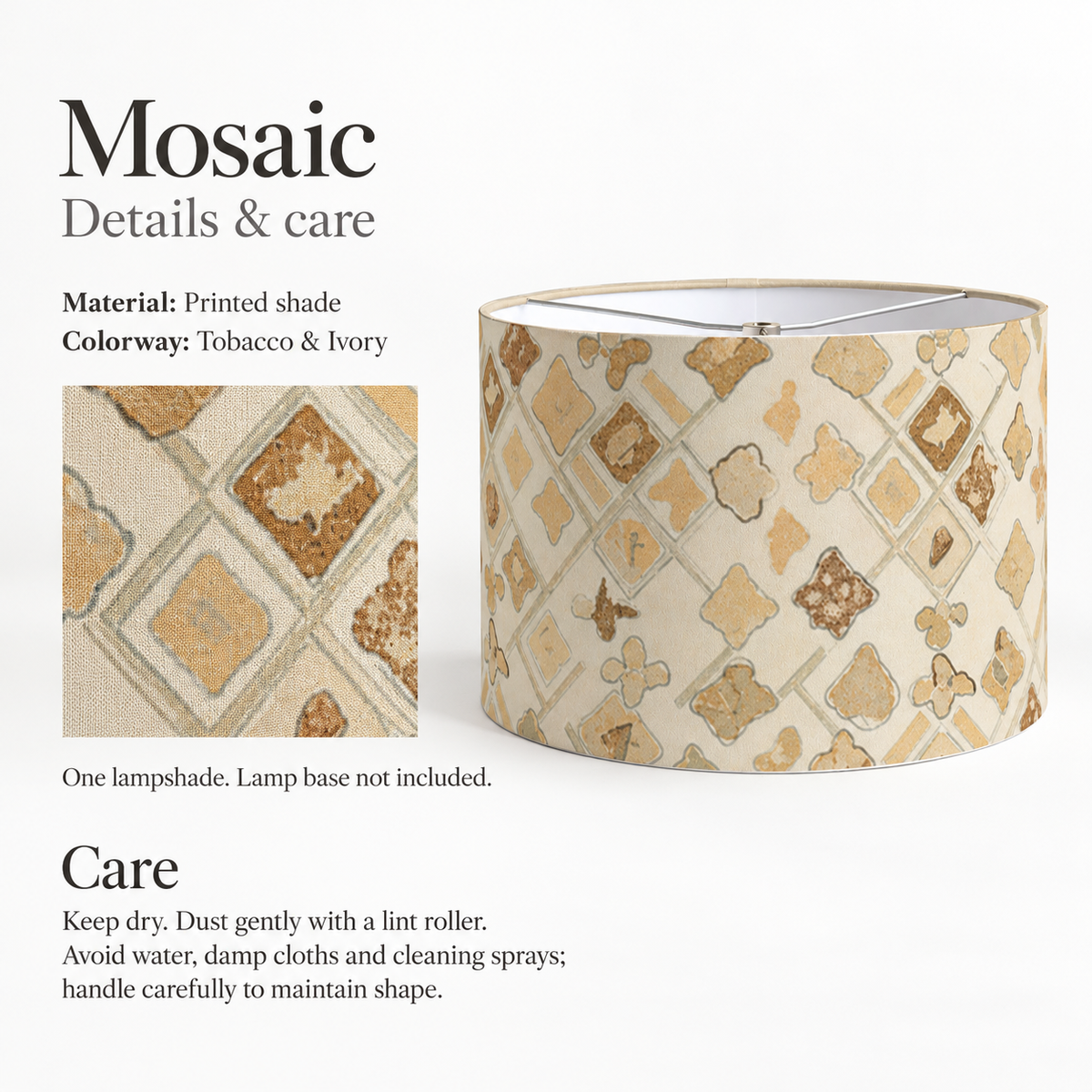 Mosaic Geometric Drum Lampshade — Tobacco & Ivory; verified details and care guide.