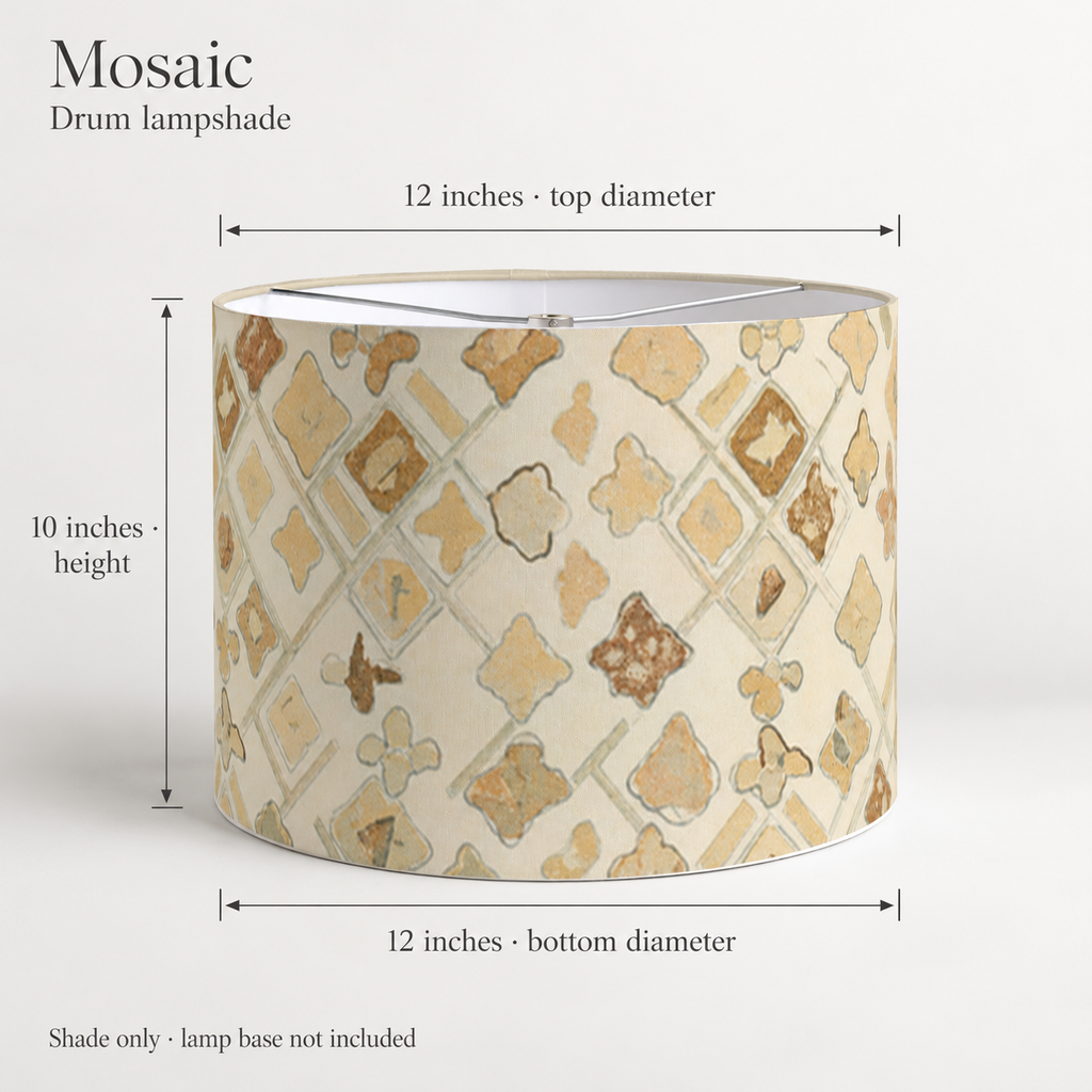 Mosaic Geometric Drum Lampshade — Tobacco & Ivory; dimension diagram and inclusions.