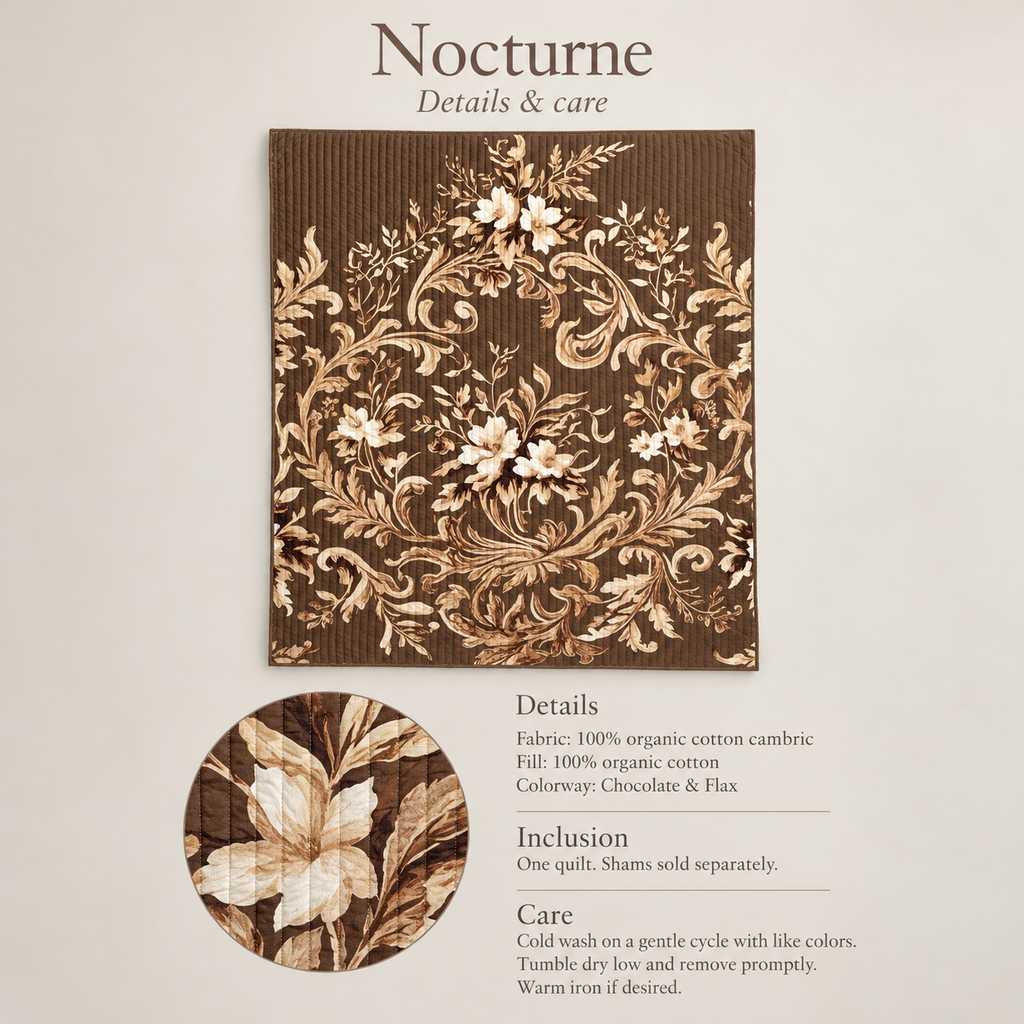Nocturne Botanical Organic Cotton Quilt — Chocolate & Flax; verified details and care guide.