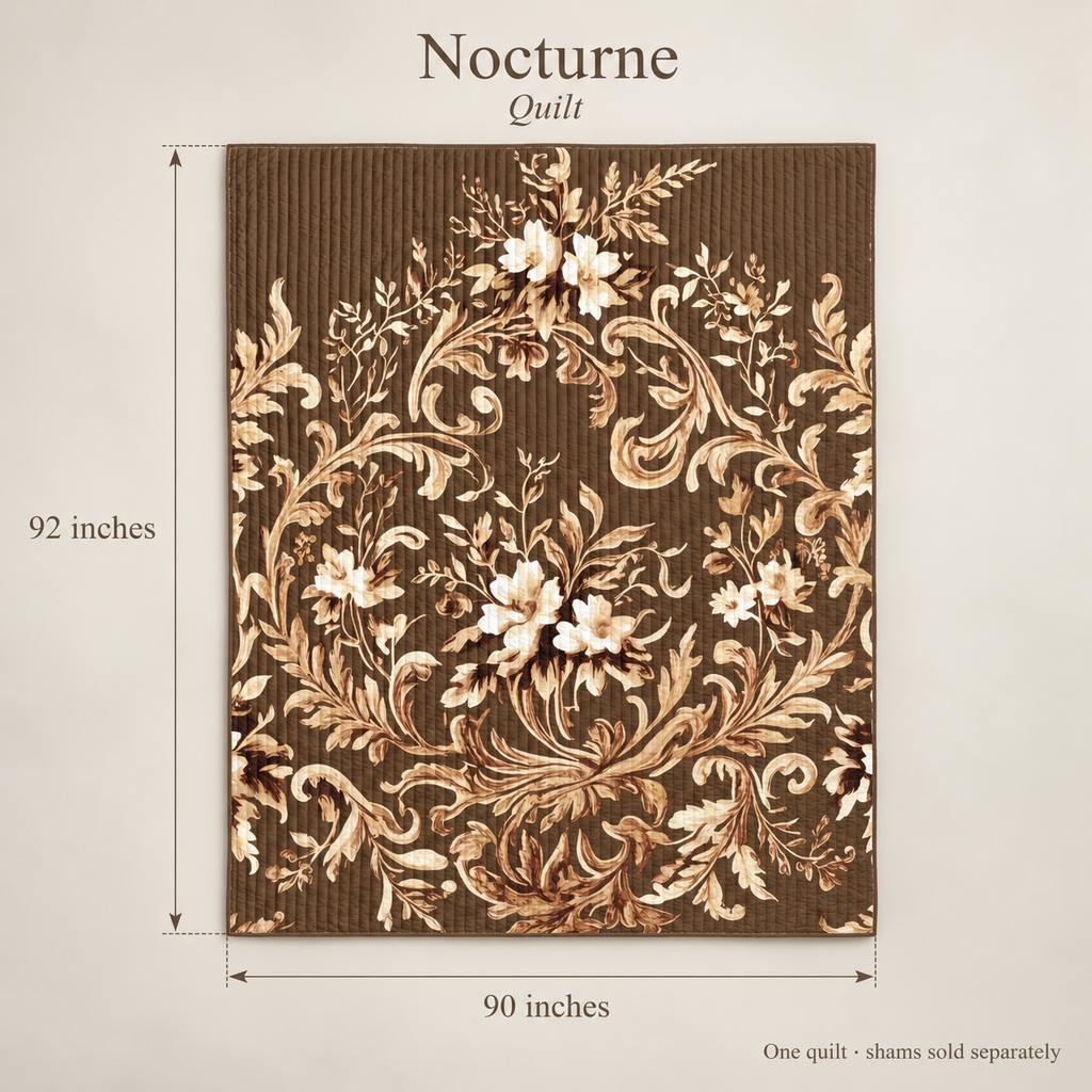 Nocturne Botanical Organic Cotton Quilt — Chocolate & Flax; dimension diagram and inclusions.