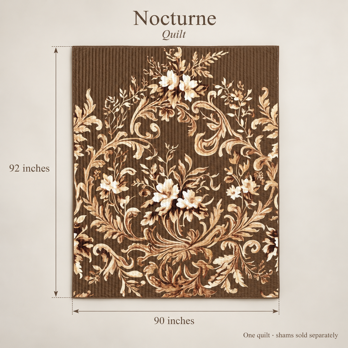 Nocturne Botanical Organic Cotton Quilt — Chocolate & Flax; dimension diagram and inclusions.