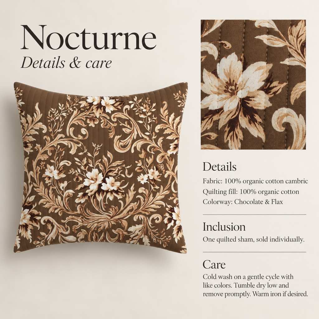 Nocturne Botanical Quilted Euro Sham — Chocolate & Flax; verified details and care guide.
