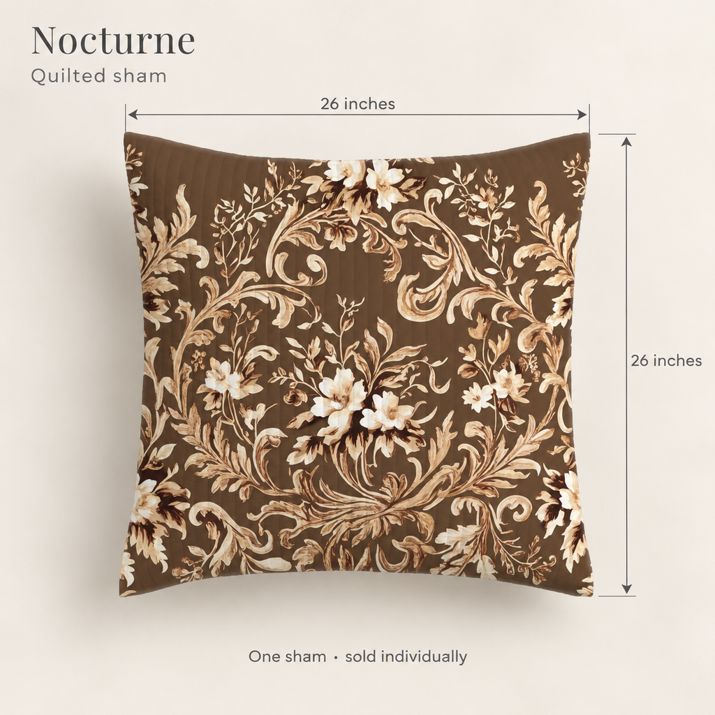 Nocturne Botanical Quilted Euro Sham — Chocolate & Flax; dimension diagram and inclusions.