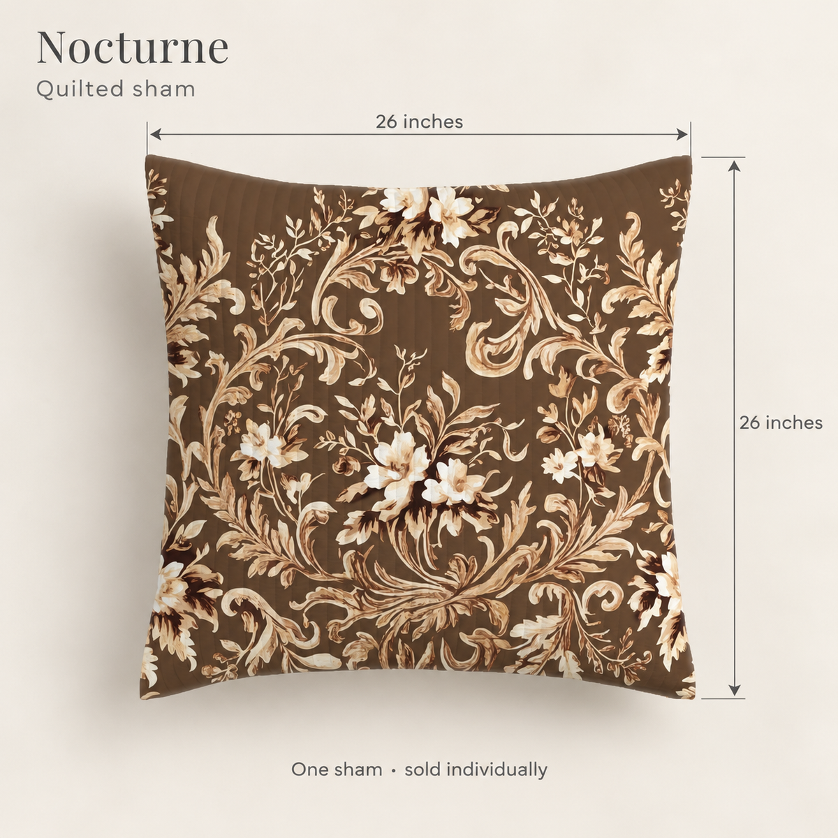 Nocturne Botanical Quilted Euro Sham — Chocolate & Flax; dimension diagram and inclusions.