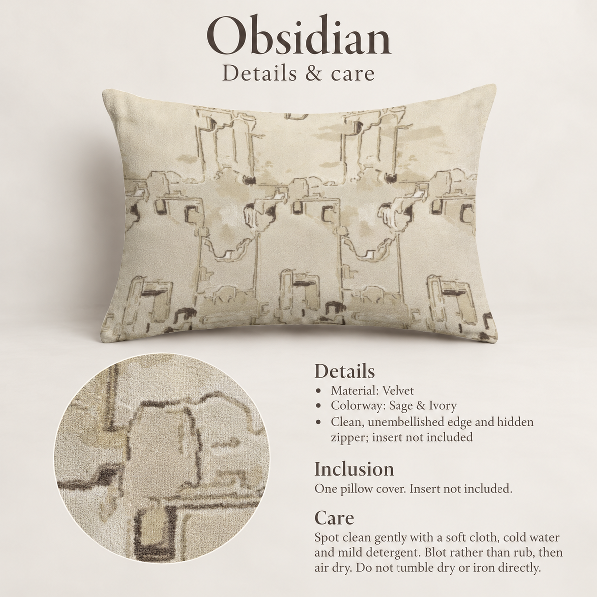 Obsidian Geometric Velvet Lumbar Pillow Cover — Sage & Ivory; verified details and care guide.