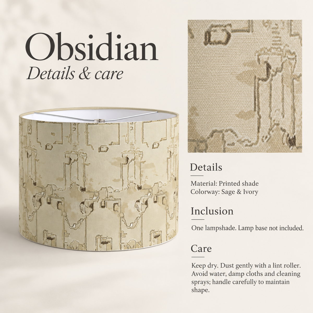 Obsidian Geometric Drum Lampshade — Sage & Ivory; verified details and care guide.