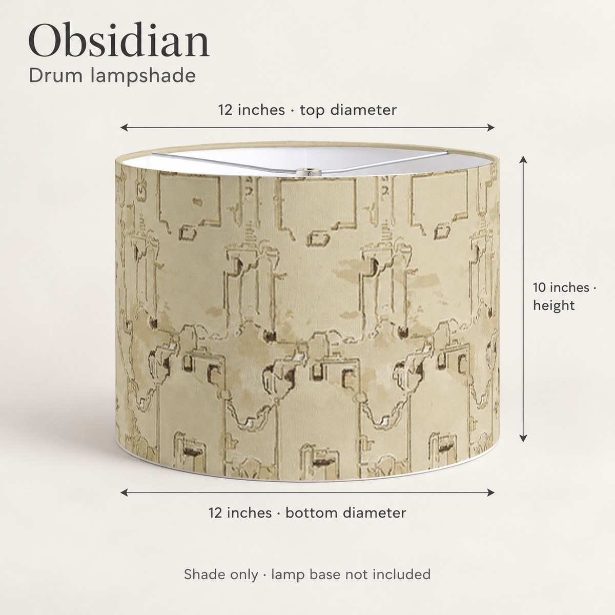 Obsidian Geometric Drum Lampshade — Sage & Ivory; dimension diagram and inclusions.