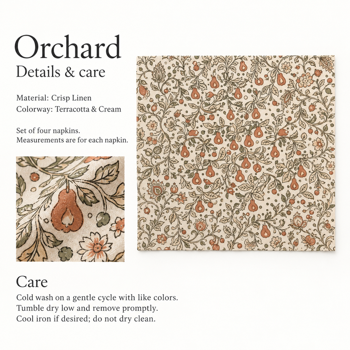 Orchard Botanical Linen Dinner Napkins — Terracotta & Cream; verified details and care guide.