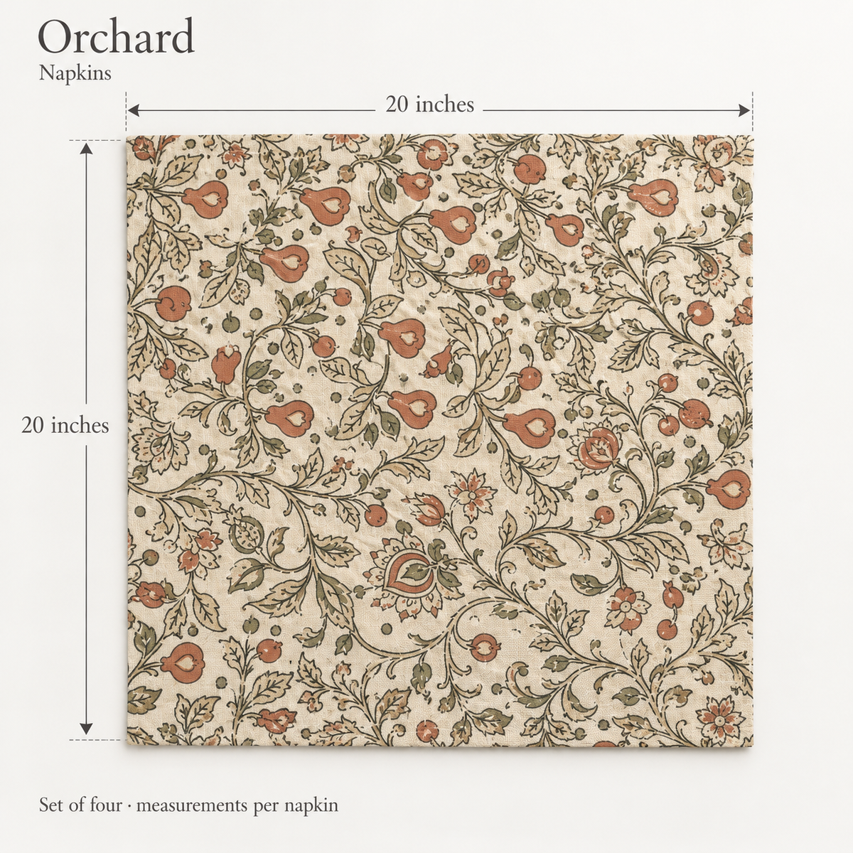 Orchard Botanical Linen Dinner Napkins — Terracotta & Cream; dimension diagram and inclusions.