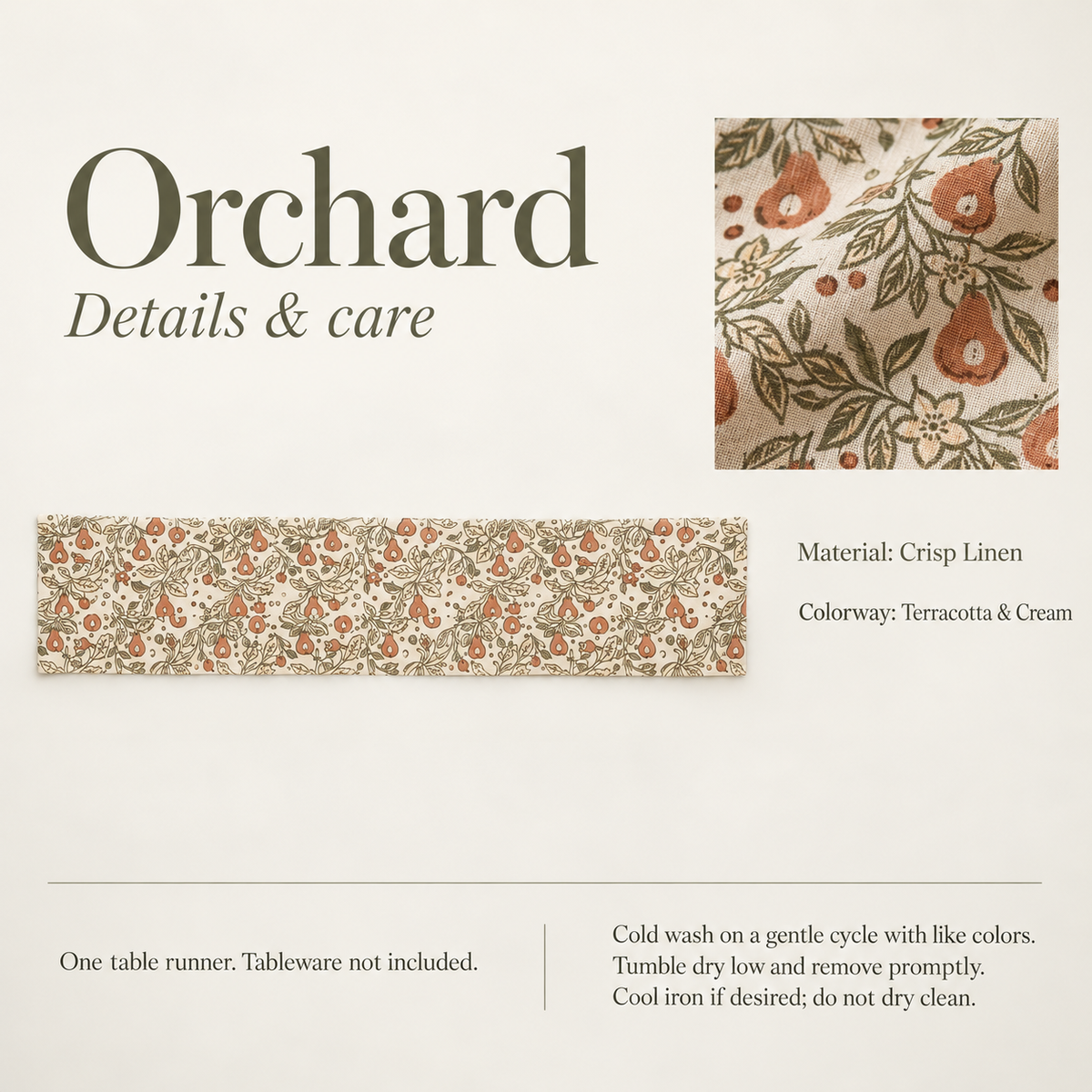Orchard Botanical Linen Table Runner — Terracotta & Cream; verified details and care guide.