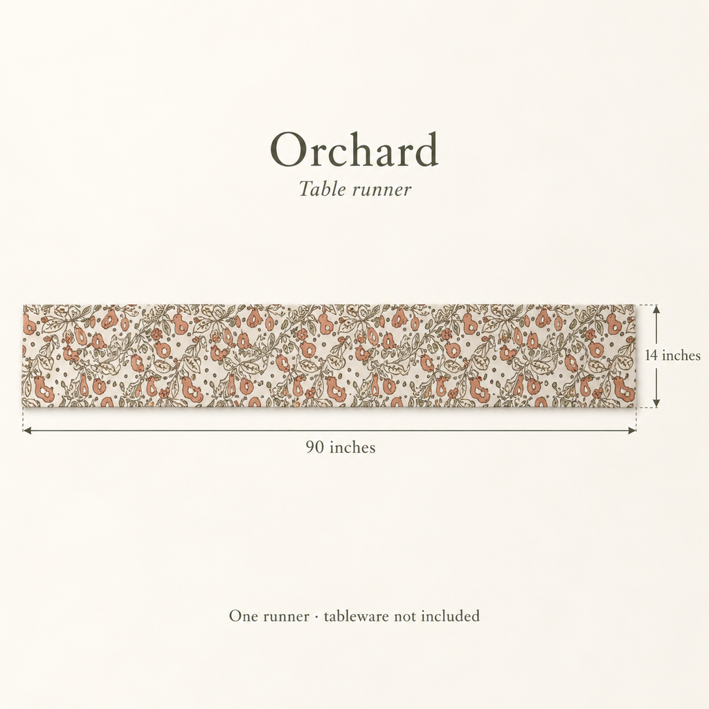 Orchard Botanical Linen Table Runner — Terracotta & Cream; dimension diagram and inclusions.