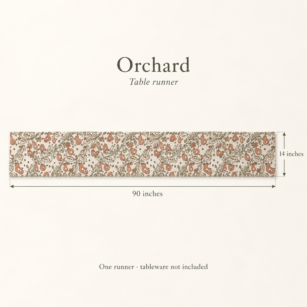 Orchard Botanical Linen Table Runner — Terracotta & Cream; dimension diagram and inclusions.
