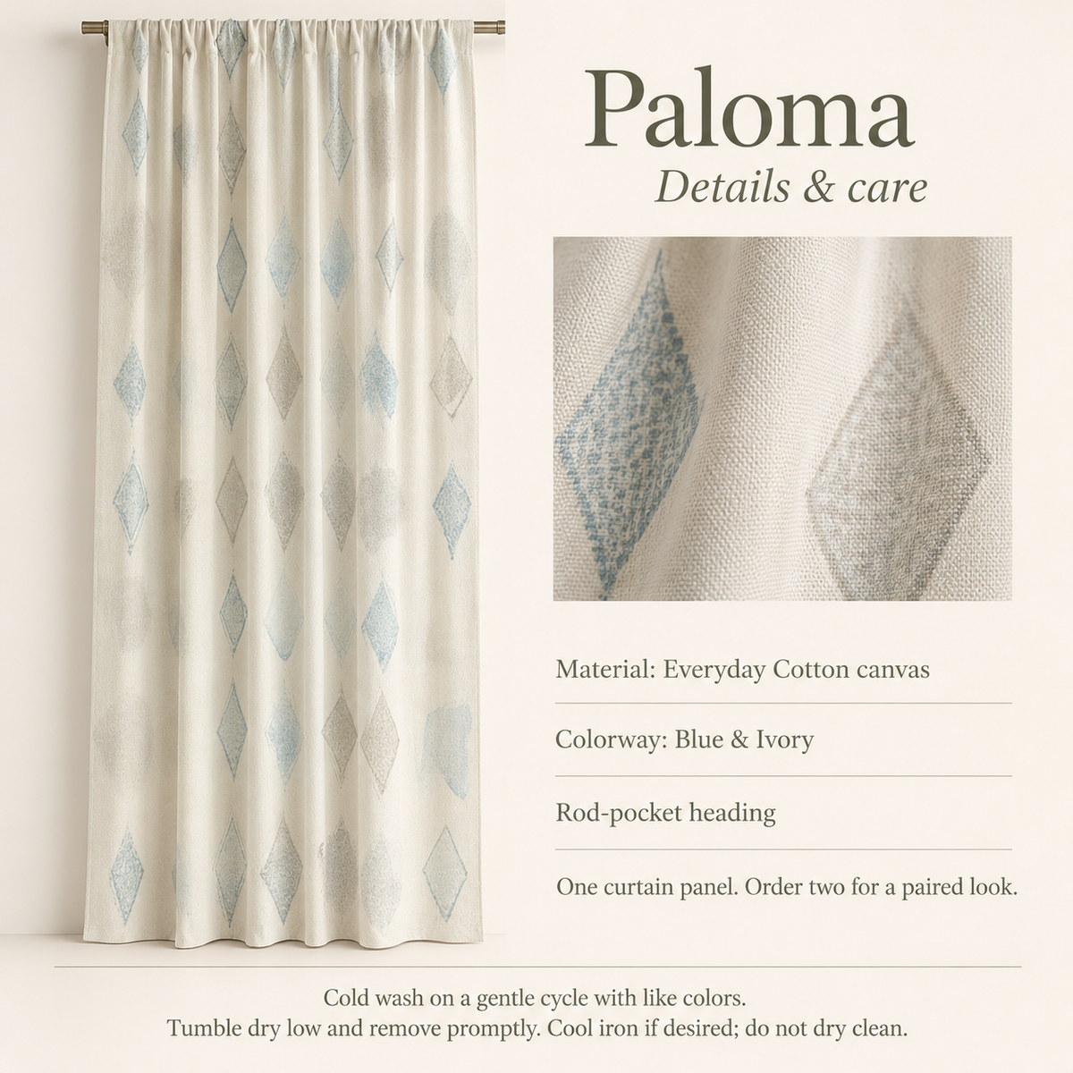 Paloma Geometric Everyday Cotton Curtain Panel — Blue & Ivory; verified details and care guide.