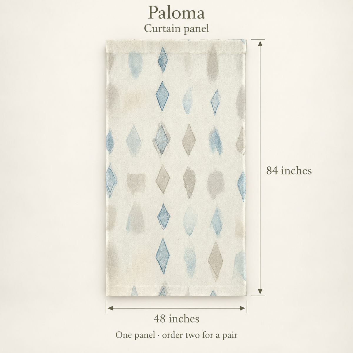 Paloma Geometric Everyday Cotton Curtain Panel — Blue & Ivory; dimension diagram and inclusions.