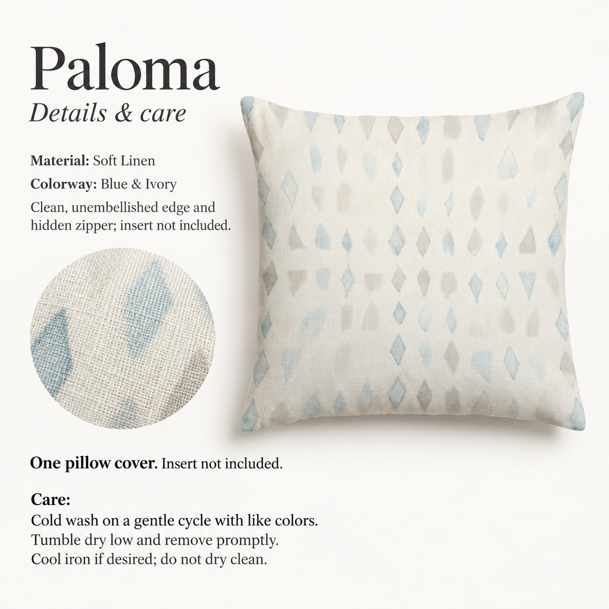 Paloma Geometric Soft Linen Pillow Cover — Blue & Ivory; verified details and care guide.