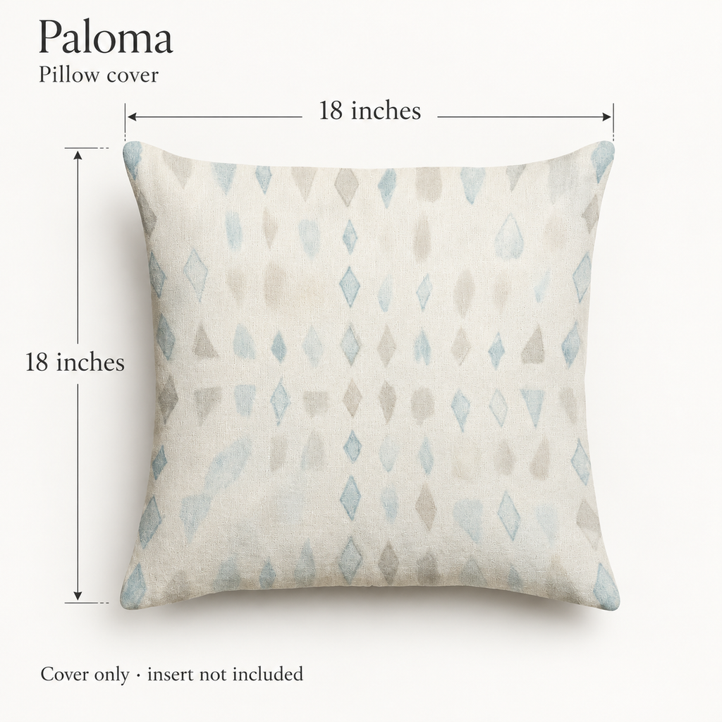Paloma Geometric Soft Linen Pillow Cover — Blue & Ivory; dimension diagram and inclusions.