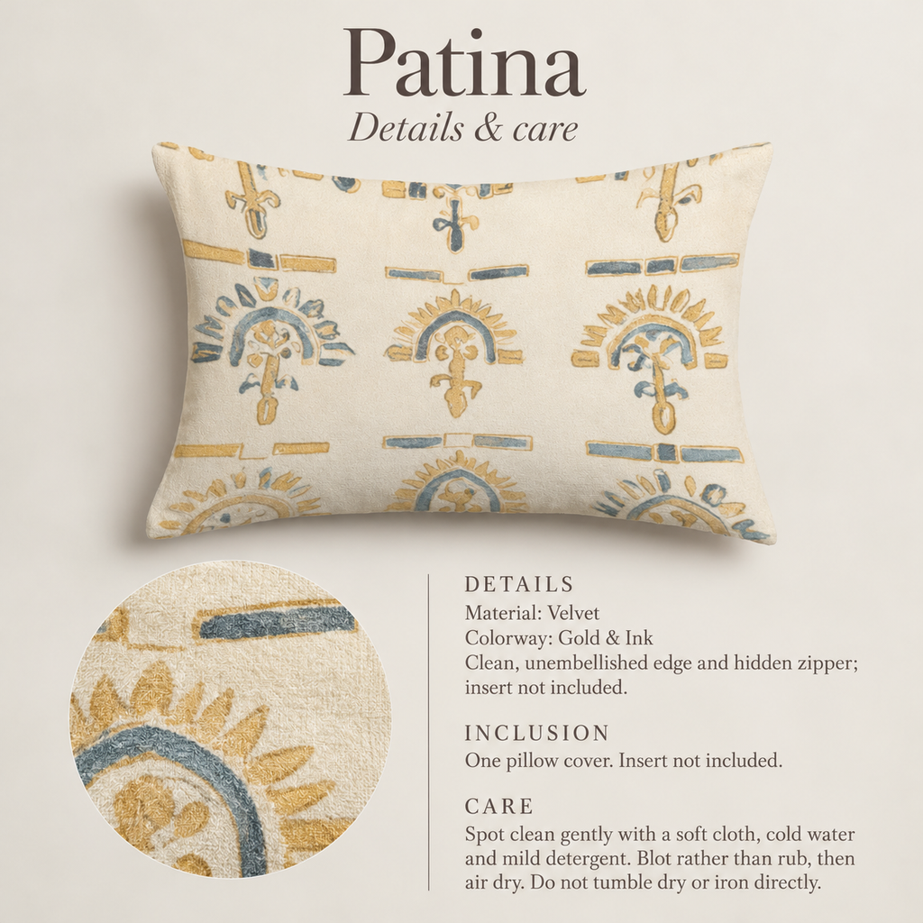 Patina Geometric Velvet Lumbar Pillow Cover — Gold & Ink; verified details and care guide.