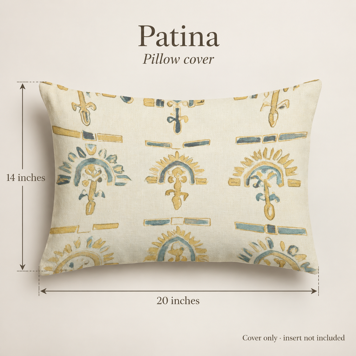 Patina Geometric Velvet Lumbar Pillow Cover — Gold & Ink; dimension diagram and inclusions.