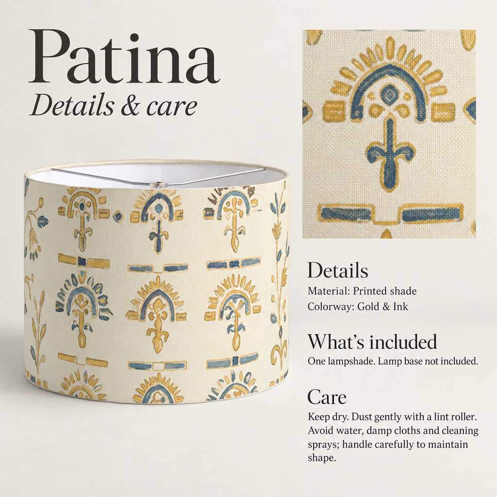 Patina Geometric Drum Lampshade — Gold & Ink; verified details and care guide.