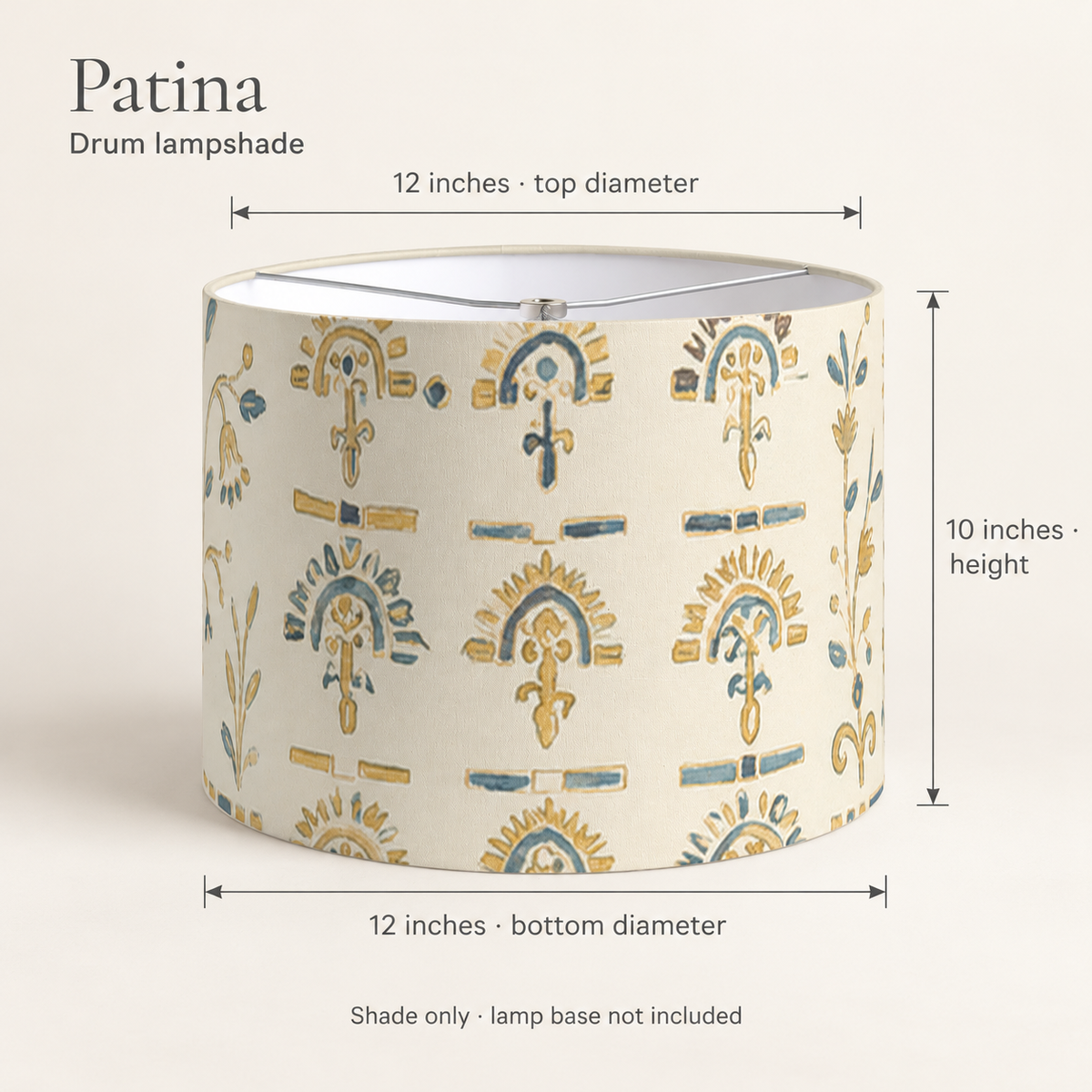 Patina Geometric Drum Lampshade — Gold & Ink; dimension diagram and inclusions.