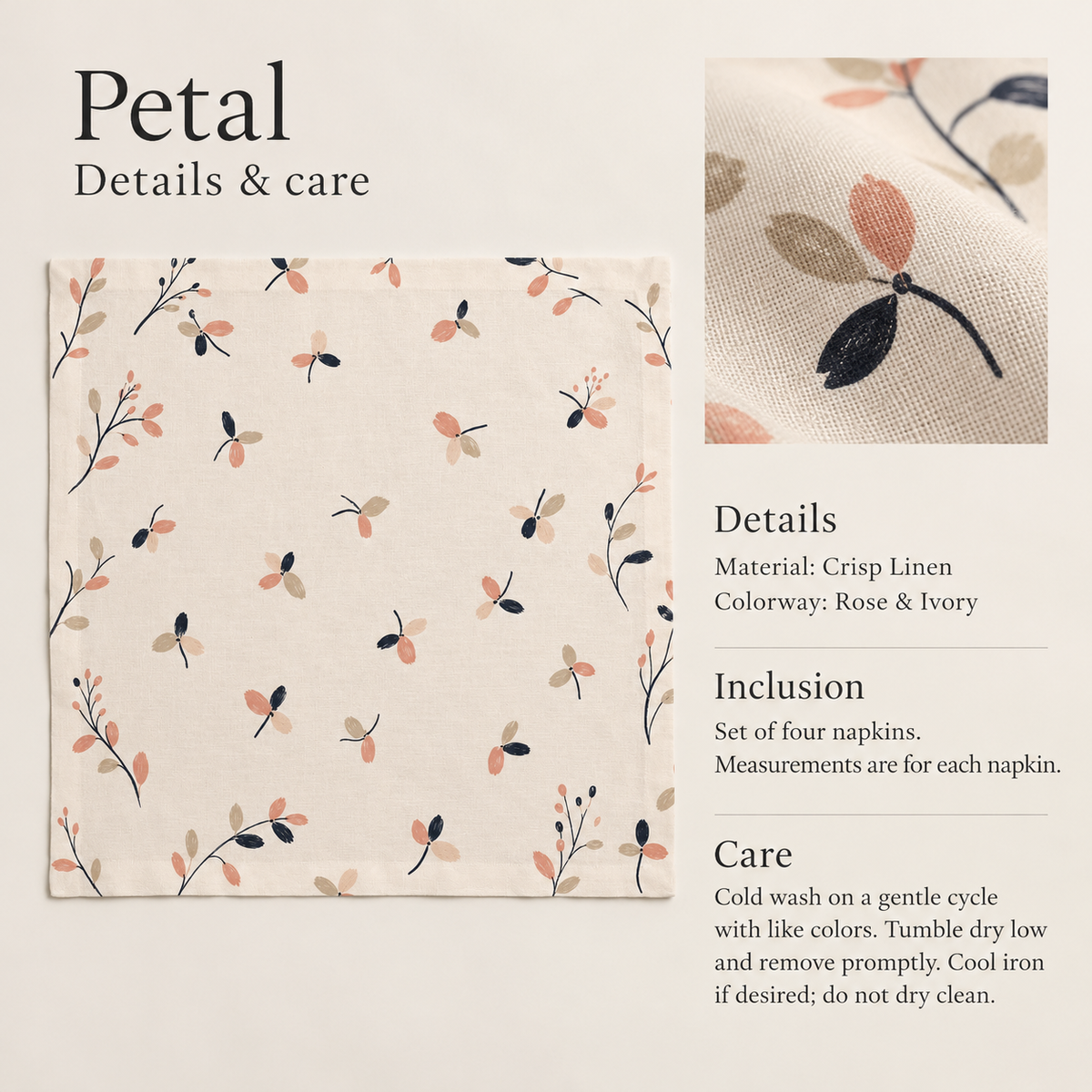 Petal Floral Linen Dinner Napkins — Rose & Ivory; verified details and care guide.