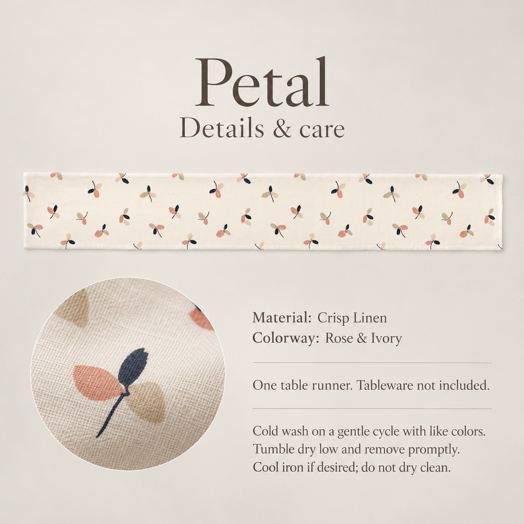 Petal Floral Linen Table Runner — Rose & Ivory; verified details and care guide.