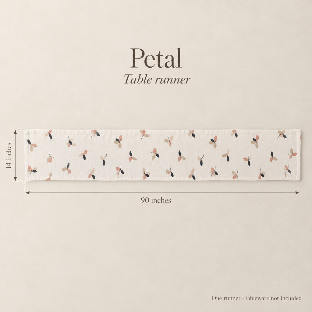 Petal Floral Linen Table Runner — Rose & Ivory; dimension diagram and inclusions.