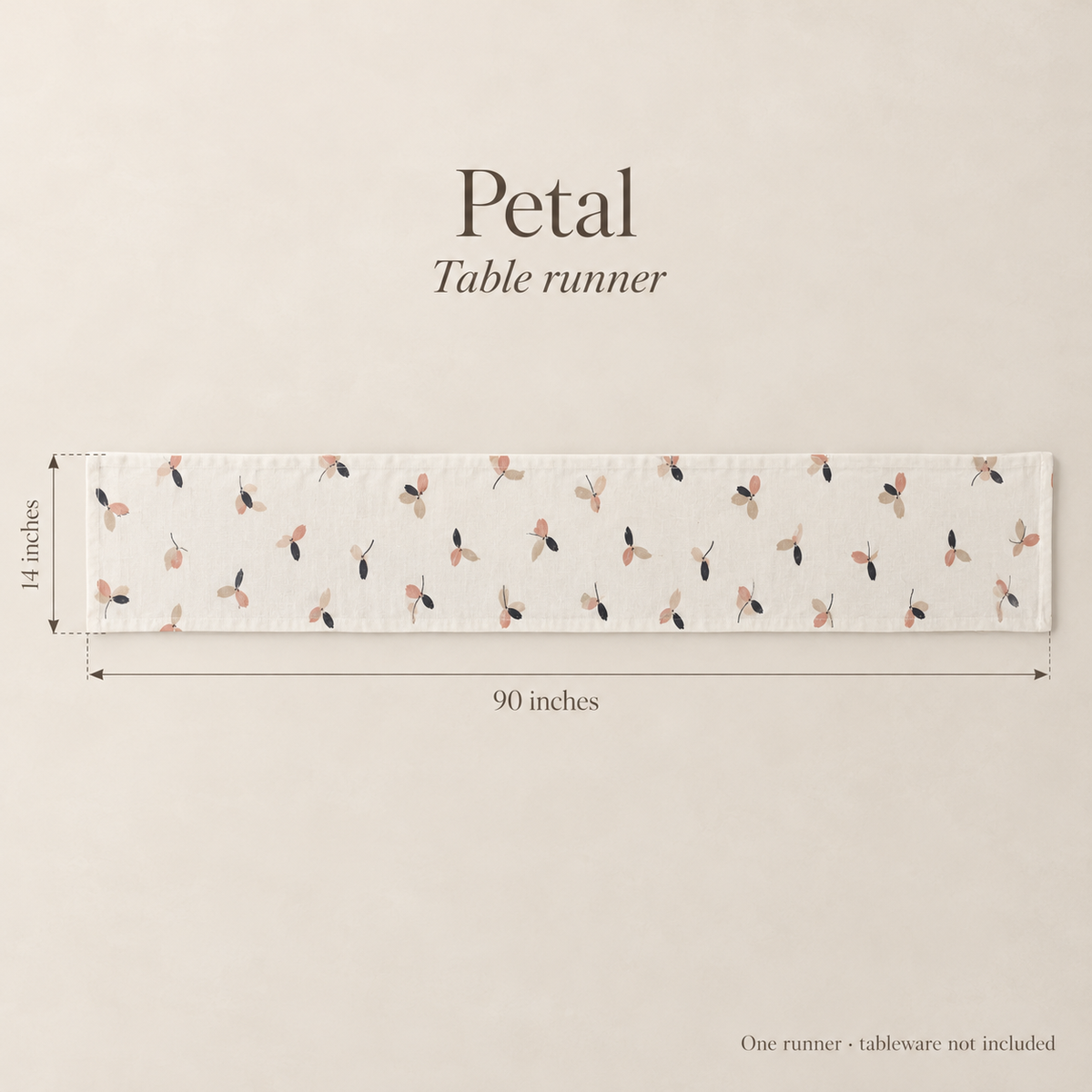 Petal Floral Linen Table Runner — Rose & Ivory; dimension diagram and inclusions.