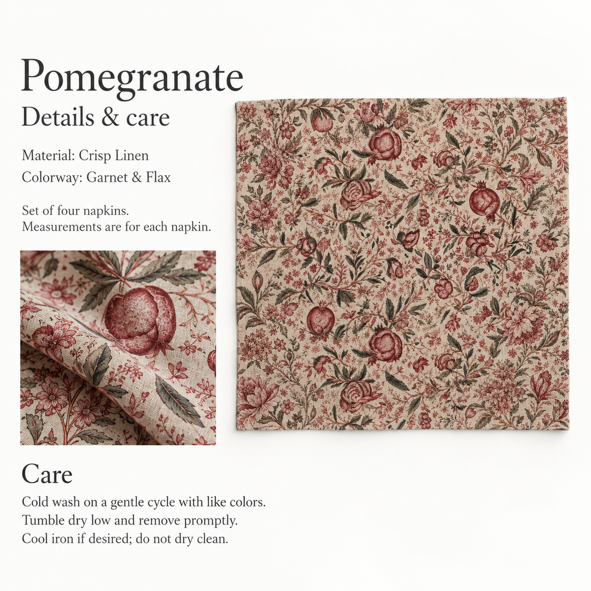 Pomegranate Botanical Linen Dinner Napkins — Garnet & Flax; verified details and care guide.