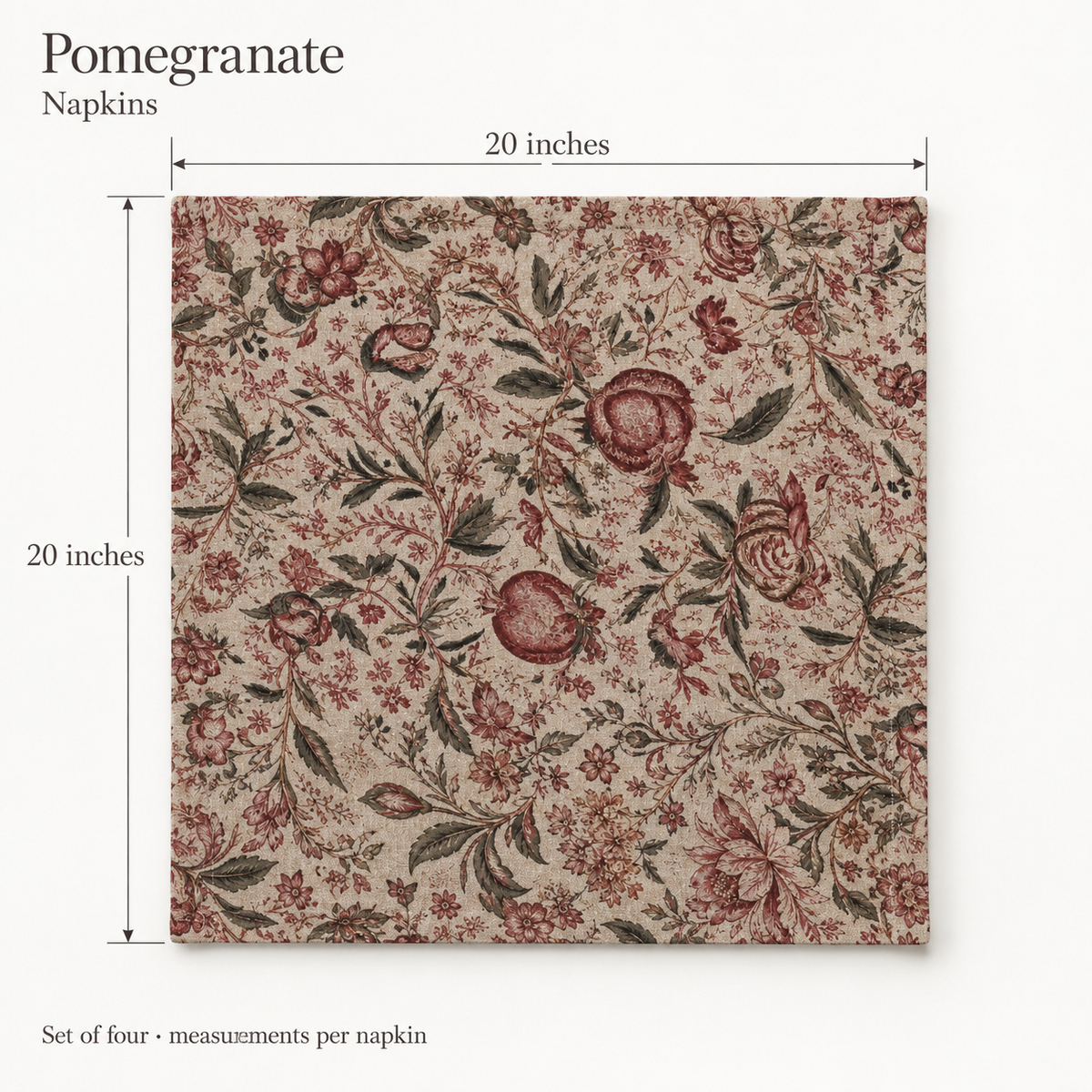 Pomegranate Botanical Linen Dinner Napkins — Garnet & Flax; dimension diagram and inclusions.