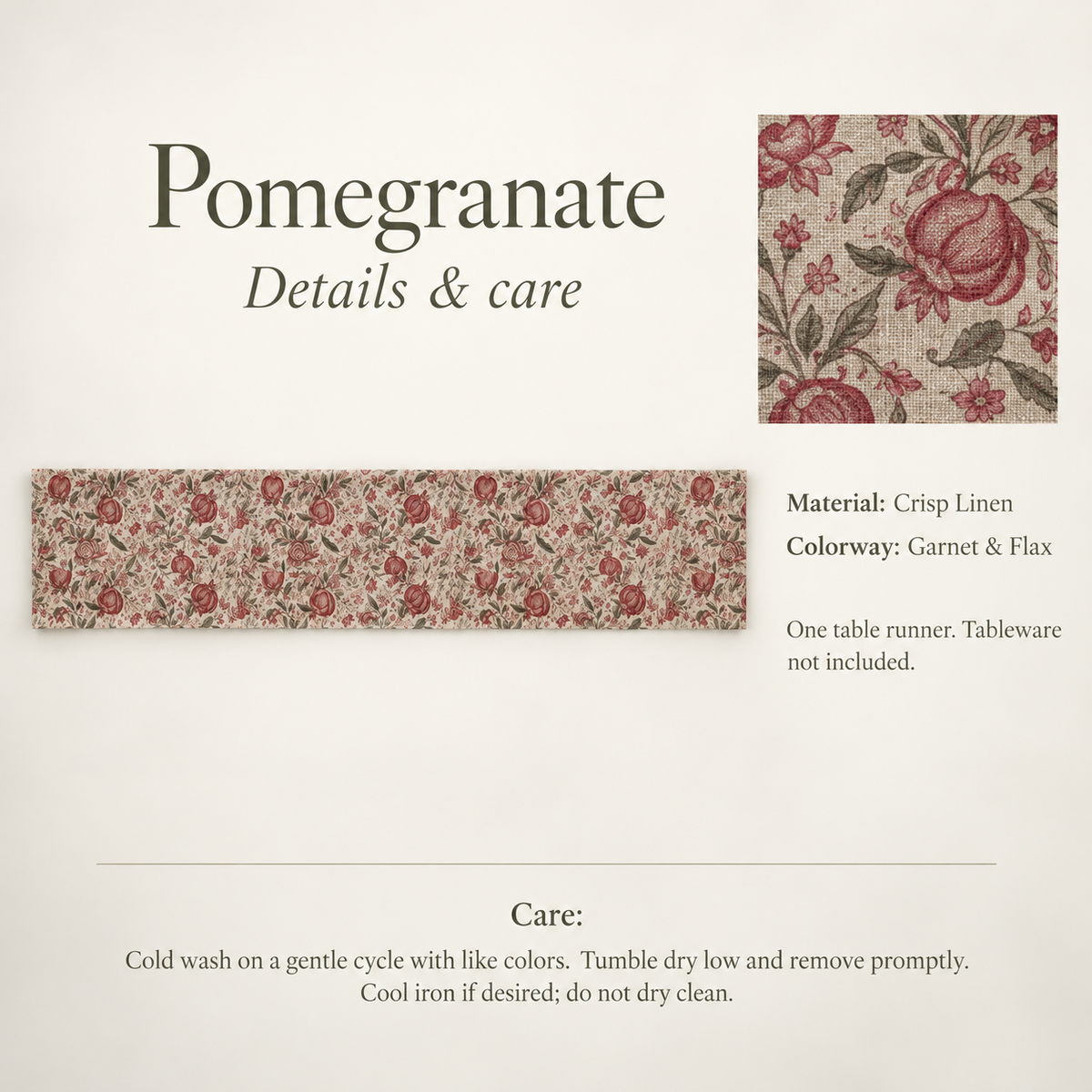 Pomegranate Botanical Linen Table Runner — Garnet & Flax; verified details and care guide.