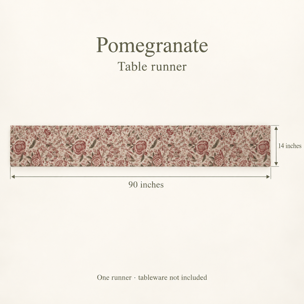 Pomegranate Botanical Linen Table Runner — Garnet & Flax; dimension diagram and inclusions.