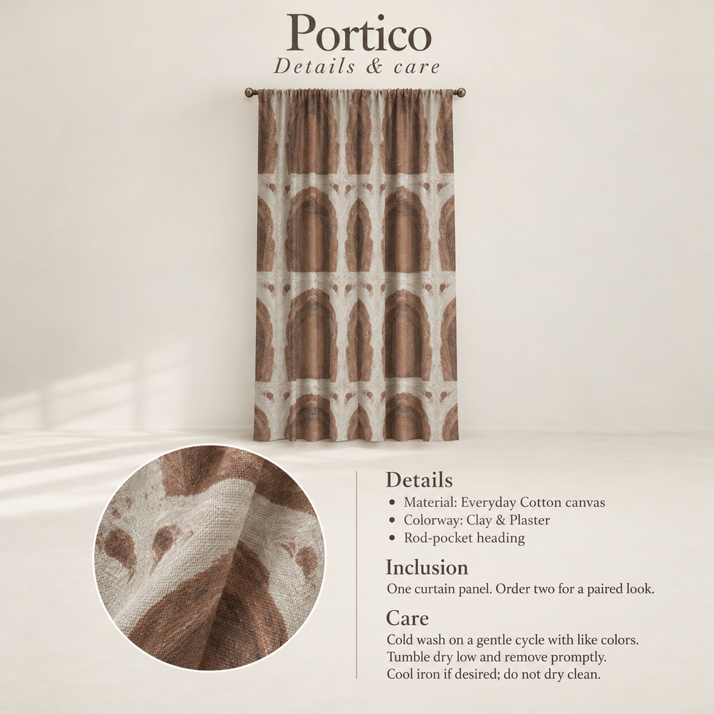 Portico Geometric Everyday Cotton Curtain Panel — Clay & Plaster; verified details and care guide.