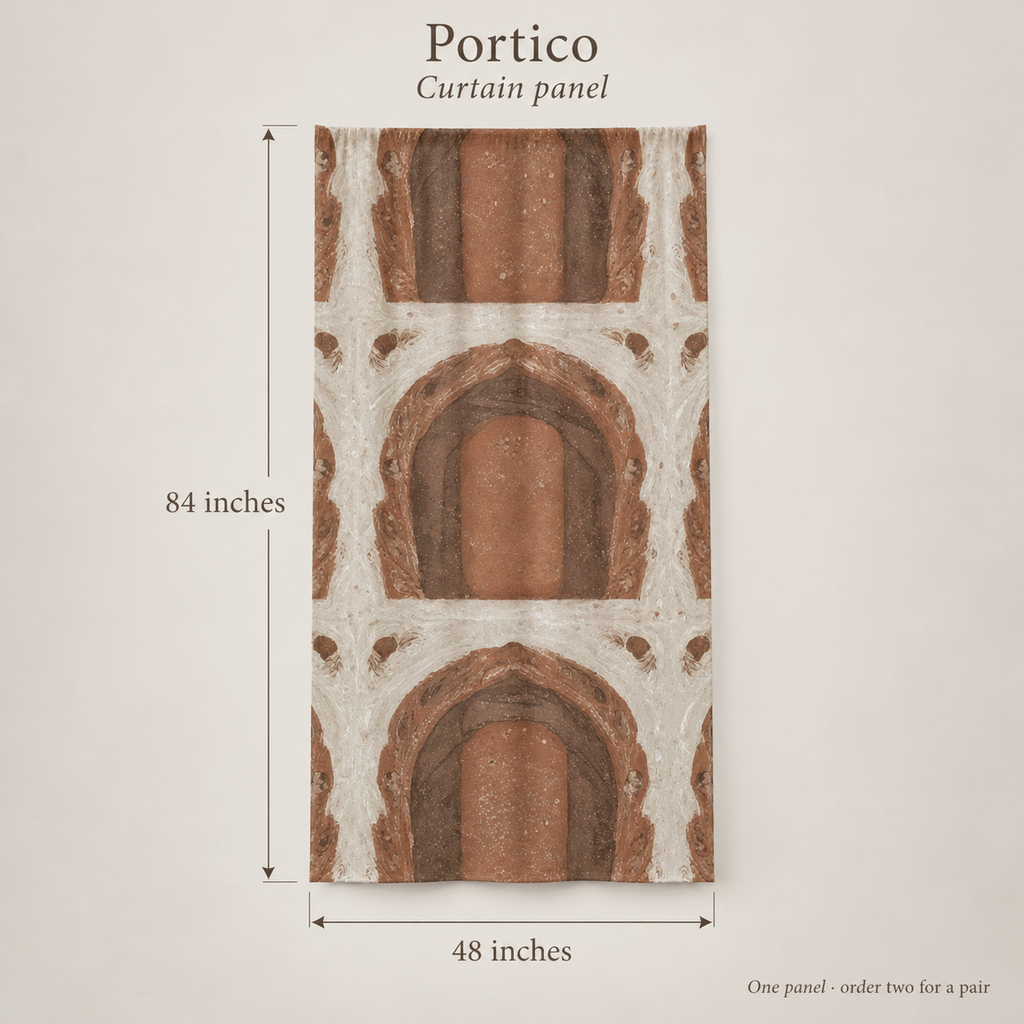 Portico Geometric Everyday Cotton Curtain Panel — Clay & Plaster; dimension diagram and inclusions.