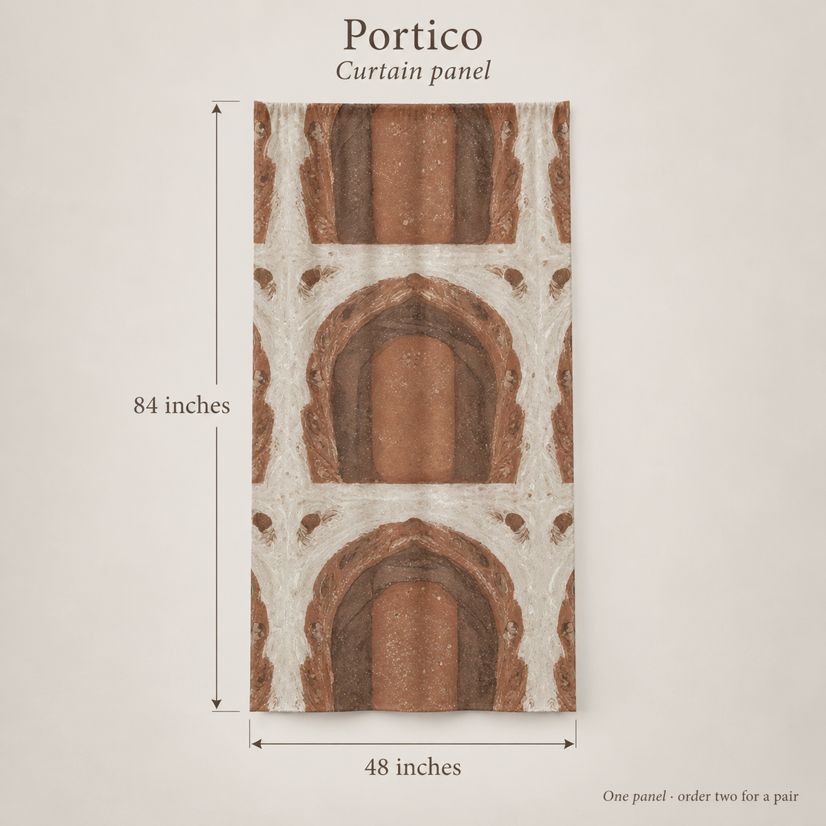 Portico Geometric Everyday Cotton Curtain Panel — Clay & Plaster; dimension diagram and inclusions.