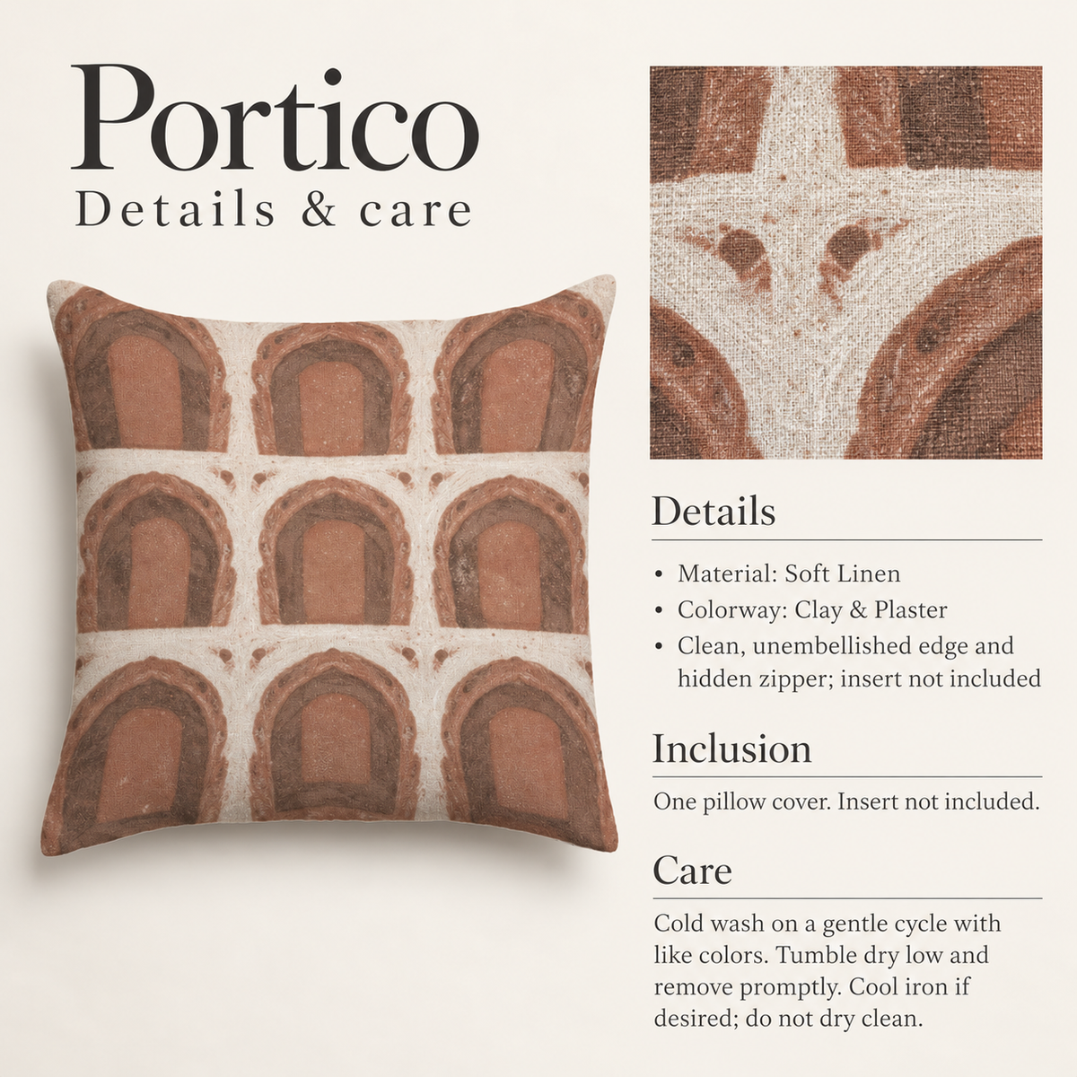 Portico Geometric Soft Linen Pillow Cover — Clay & Plaster; verified details and care guide.
