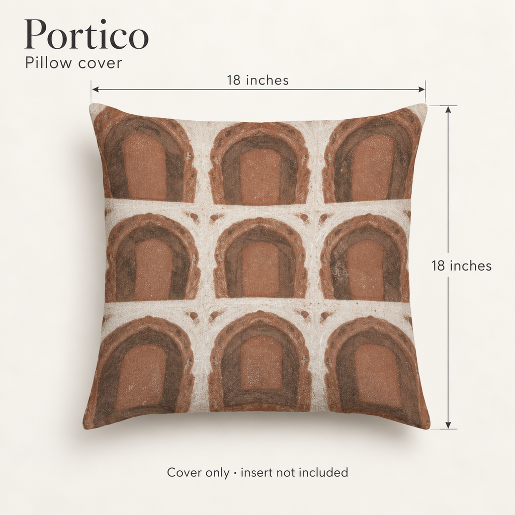 Portico Geometric Soft Linen Pillow Cover — Clay & Plaster; dimension diagram and inclusions.
