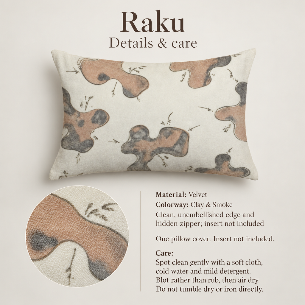 Raku Abstract Velvet Lumbar Pillow Cover — Clay & Smoke; verified details and care guide.