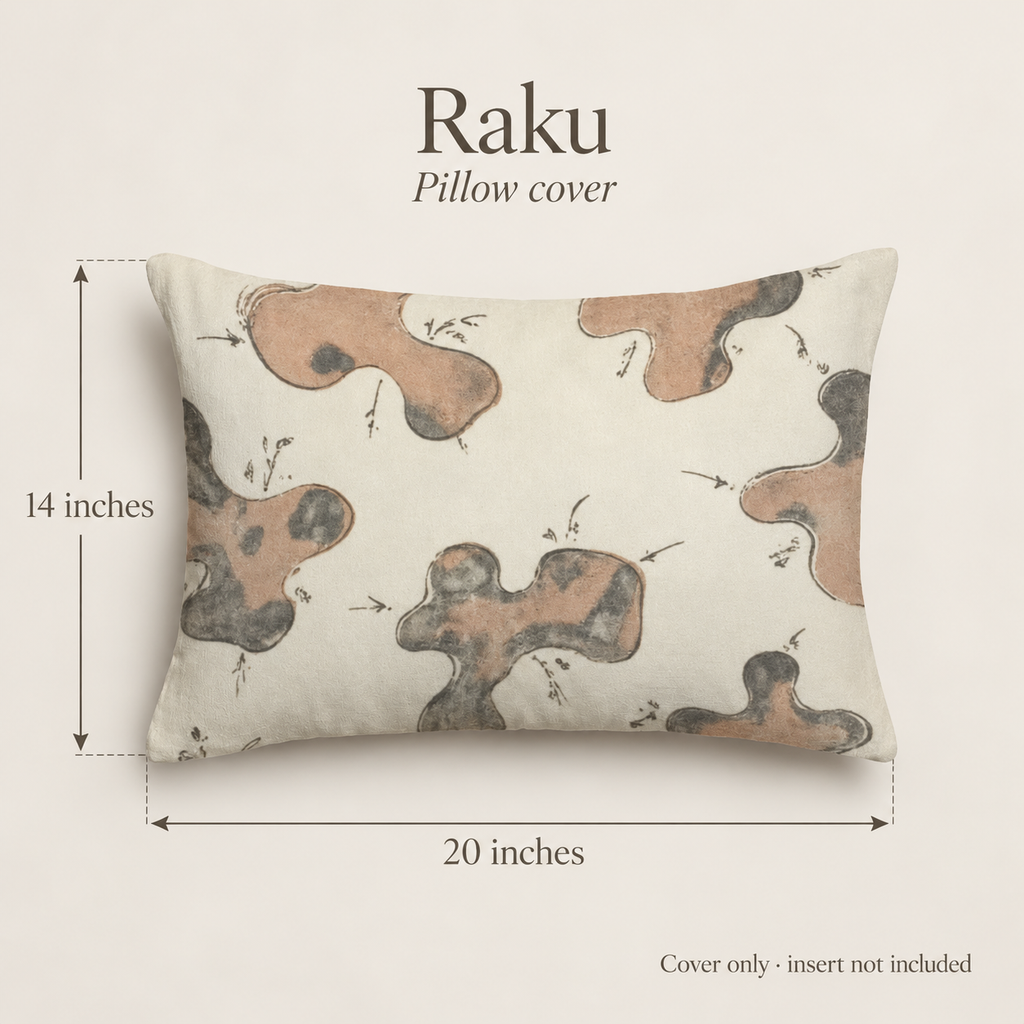 Raku Abstract Velvet Lumbar Pillow Cover — Clay & Smoke; dimension diagram and inclusions.