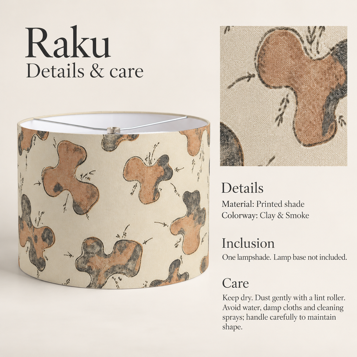 Raku Abstract Drum Lampshade — Clay & Smoke; verified details and care guide.