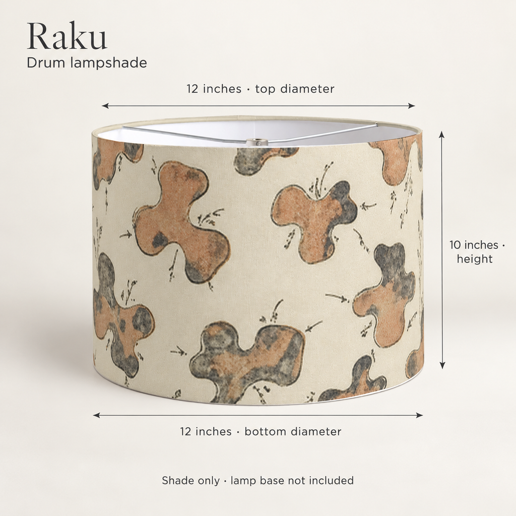 Raku Abstract Drum Lampshade — Clay & Smoke; dimension diagram and inclusions.