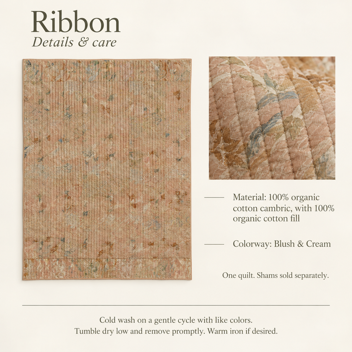 Ribbon Abstract Organic Cotton Quilt — Blush & Cream; verified details and care guide.