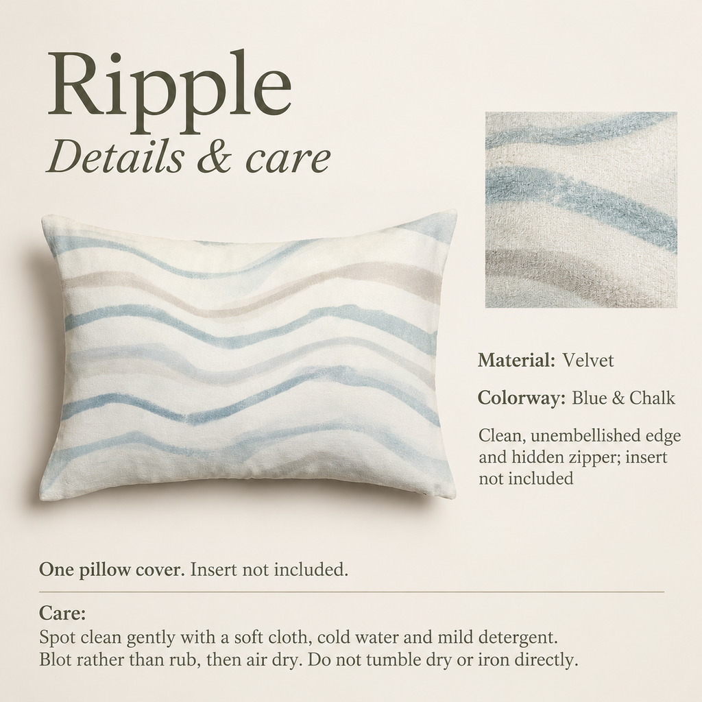 Ripple Abstract Velvet Lumbar Pillow Cover — Blue & Chalk; verified details and care guide.